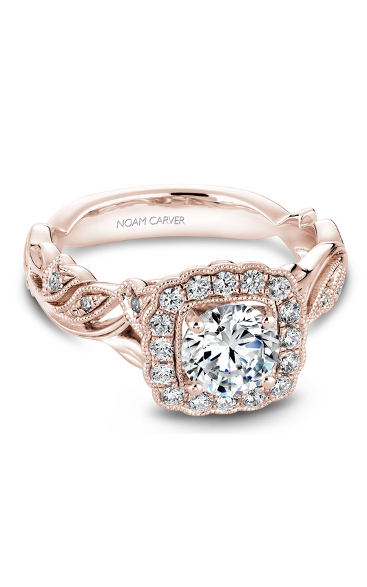 18K Rose Gold Floral Halo Round Engagement Ring