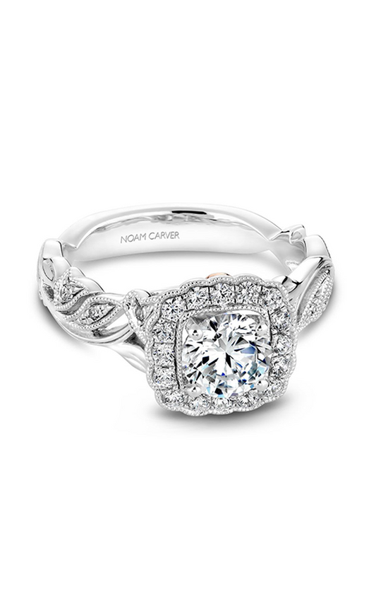 18K White Gold Floral Halo Round Engagement Ring