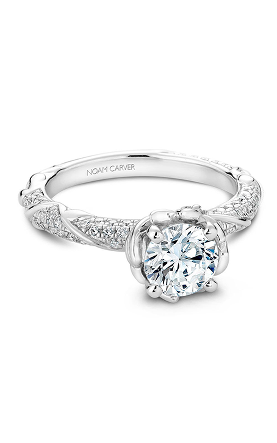18K White Gold Floral Sidestone Round Engagement Ring