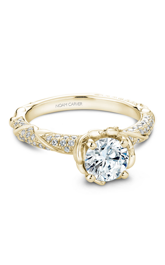 18K Yellow Gold Floral Sidestone Round Engagement Ring