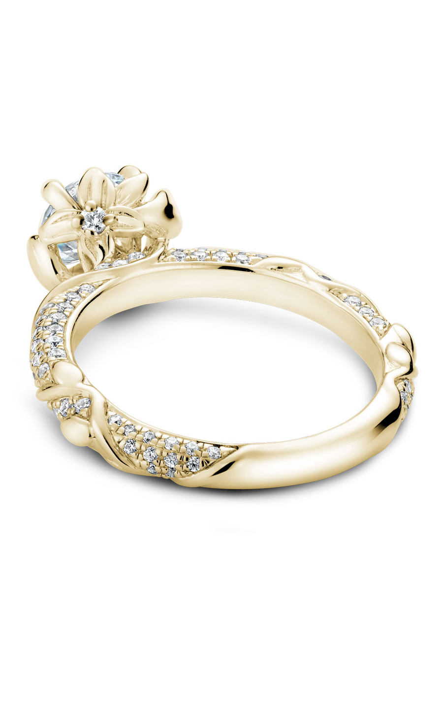 18K Yellow Gold Floral Sidestone Round Engagement Ring
