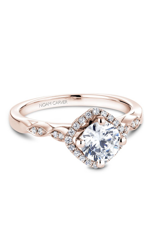 18K Rose Gold Floral Halo Round Engagement Ring