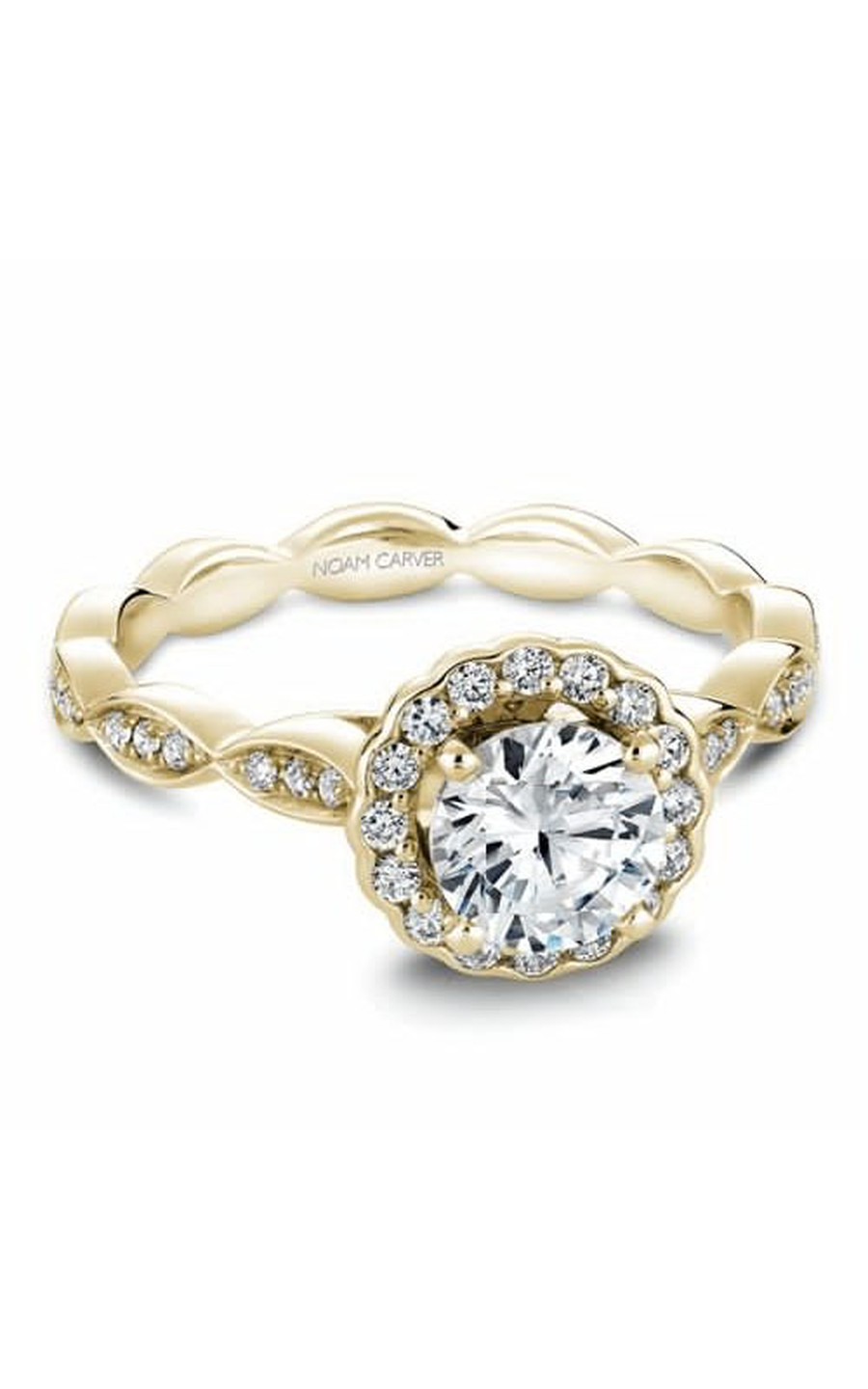18K Yellow Gold Floral Halo Round Engagement Ring