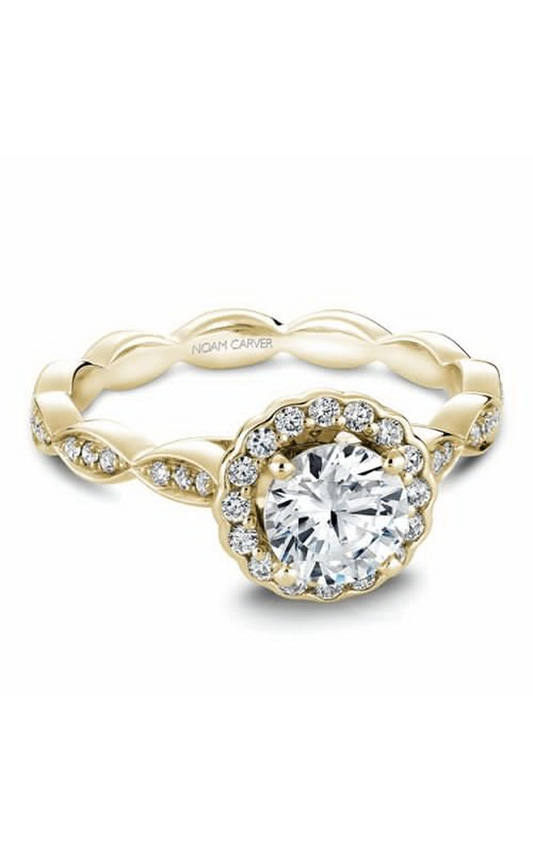 18K Yellow Gold Floral Halo Round Engagement Ring