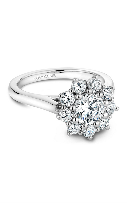 18K White Gold Floral Halo Round Engagement Ring