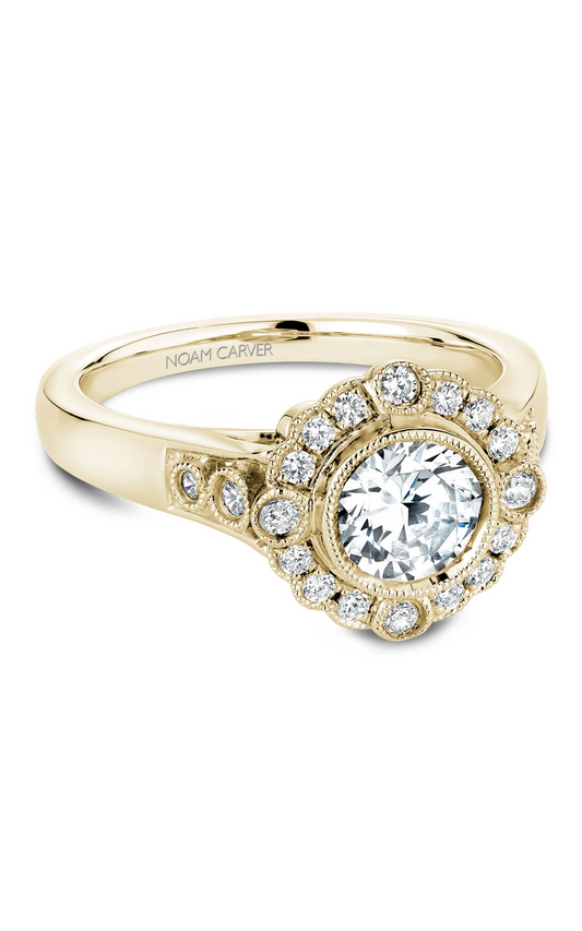 18K Yellow Gold Floral Halo Round Engagement Ring