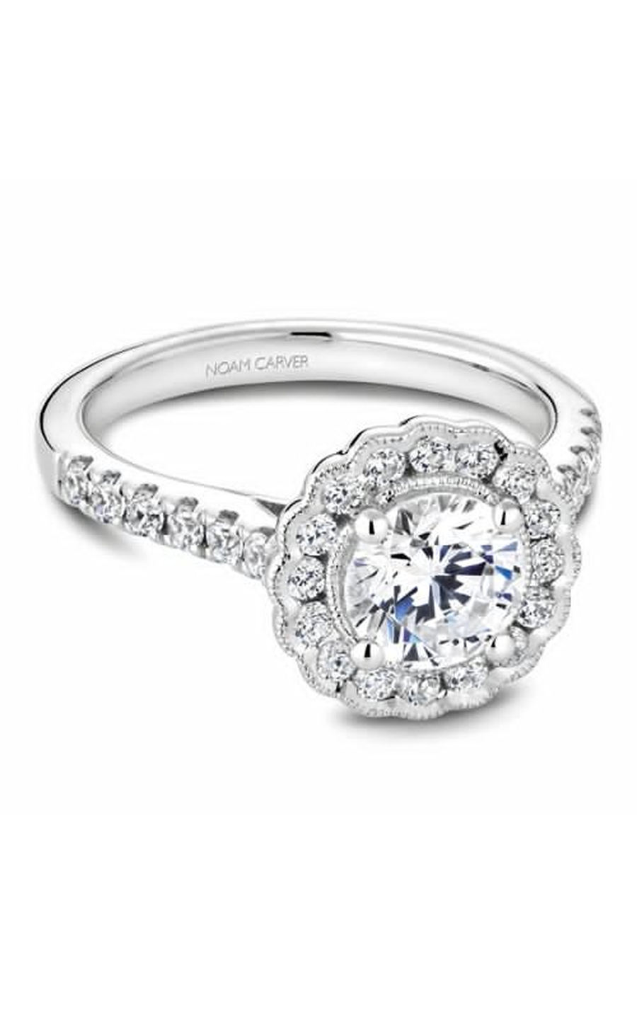 18K White Gold Floral Halo Round Engagement Ring