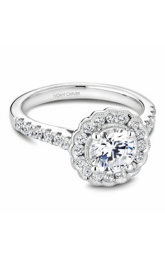 18K White Gold Floral Halo Round Engagement Ring