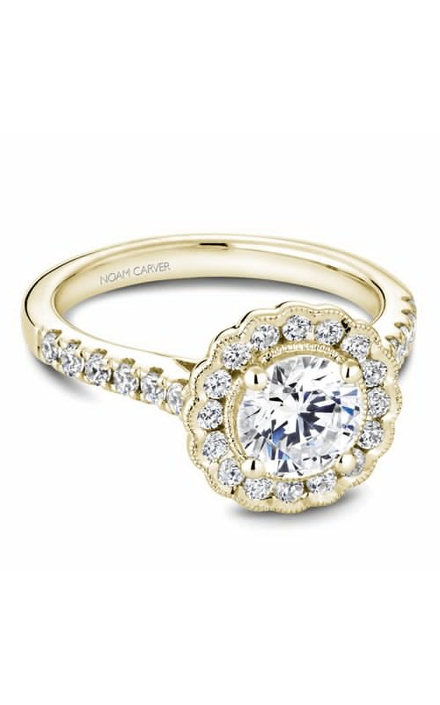 18K Yellow Gold Floral Halo Round Engagement Ring