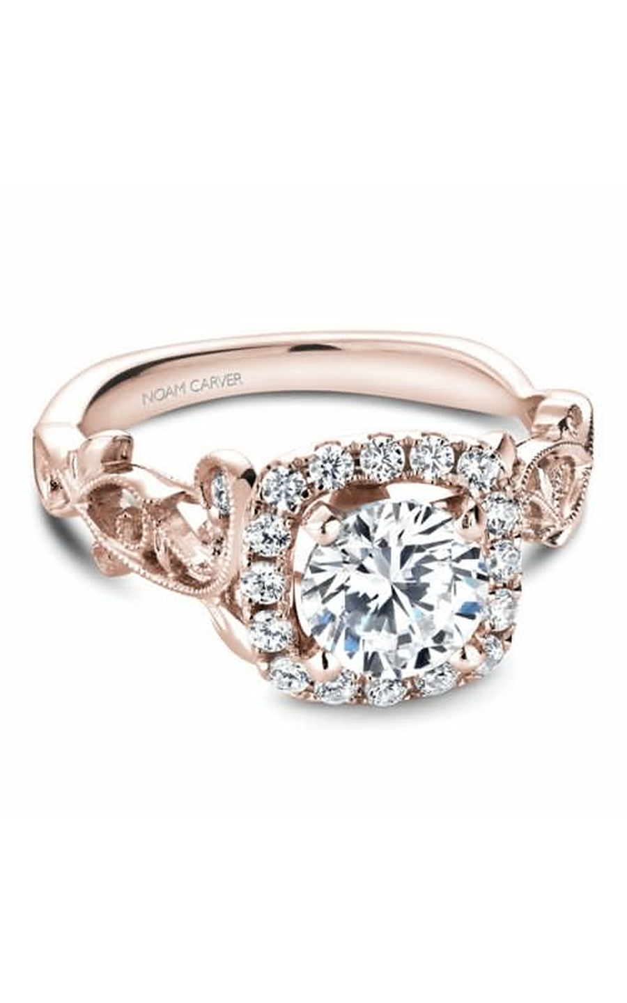 18K Rose Gold Floral Halo Round Engagement Ring