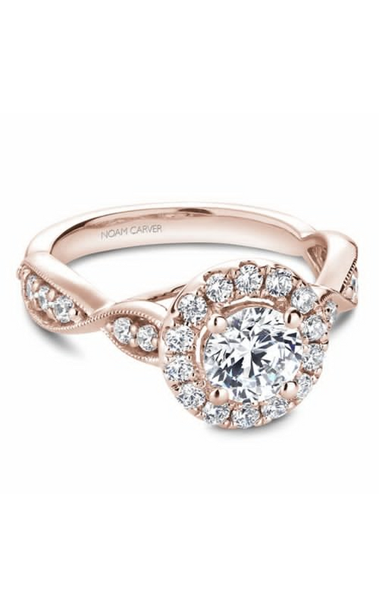 18K Rose Gold Floral Halo Round Engagement Ring