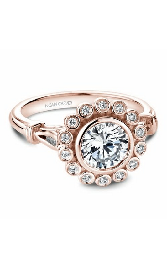 18K Rose Gold Floral Halo Round Engagement Ring