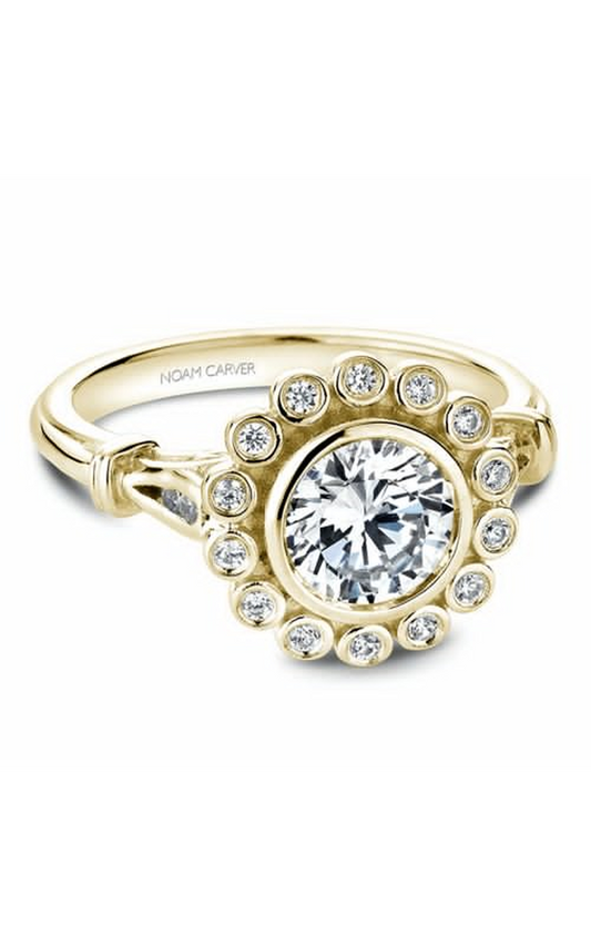 18K Yellow Gold Floral Halo Round Engagement Ring