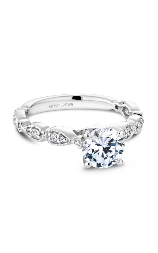 18K White Gold Floral Sidestone Round Engagement Ring