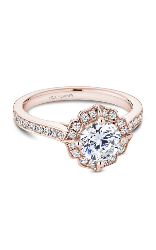 18K Rose Gold Floral Halo Round Engagement Ring