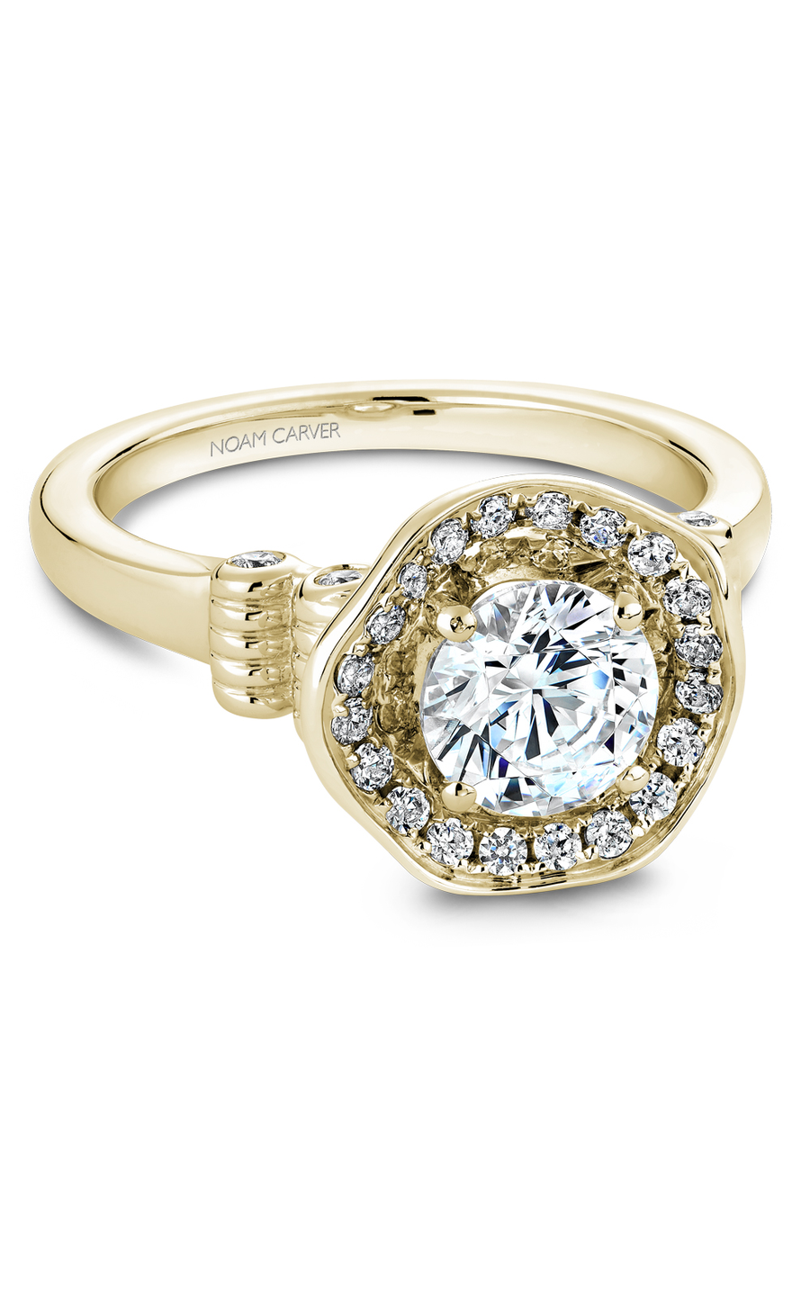 18K Yellow Gold Floral Halo Round Engagement Ring