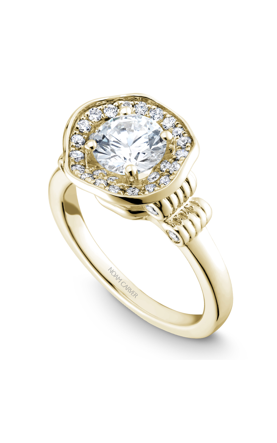 18K Yellow Gold Floral Halo Round Engagement Ring