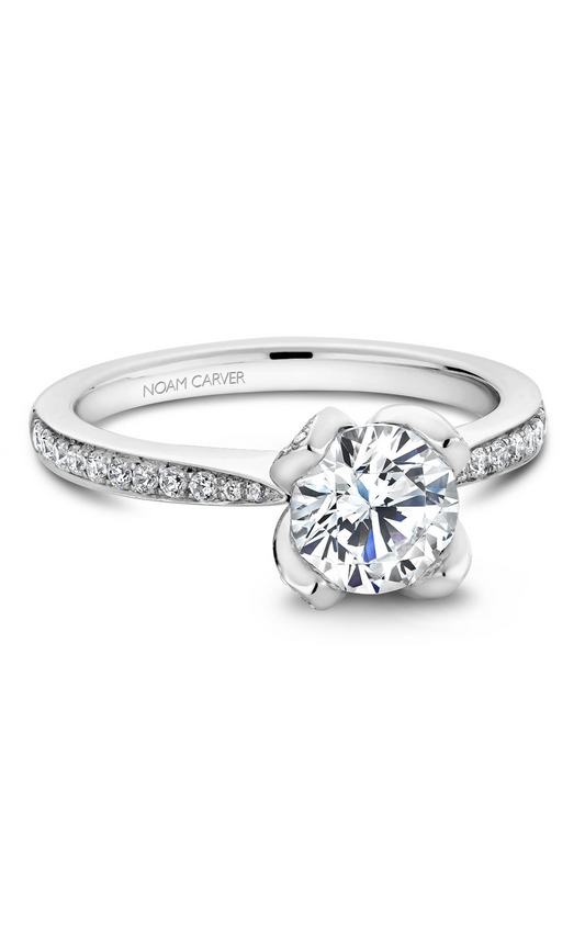 14K White Gold Floral Sidestone Round Engagement Ring