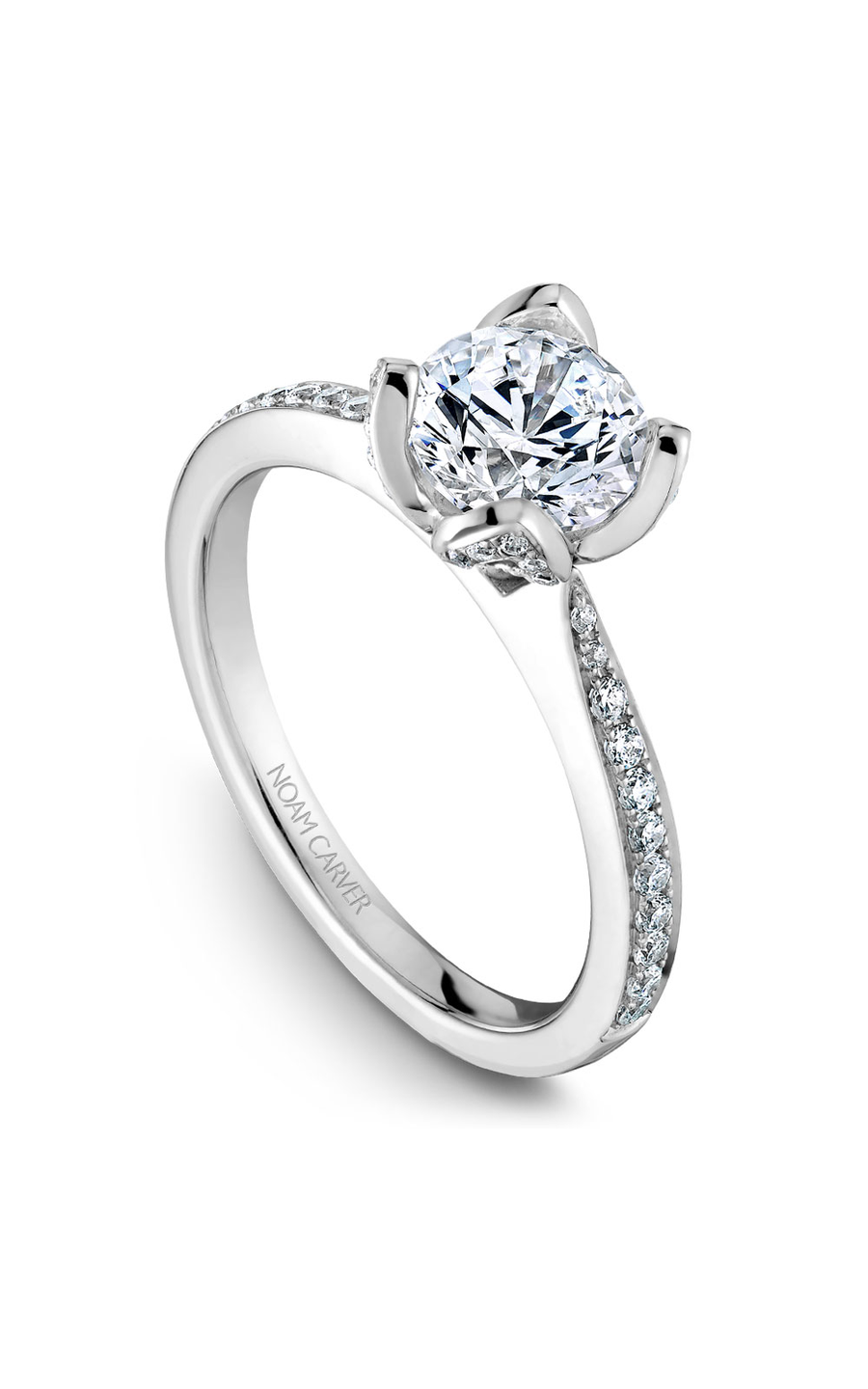 18K White Gold Floral Sidestone Round Engagement Ring