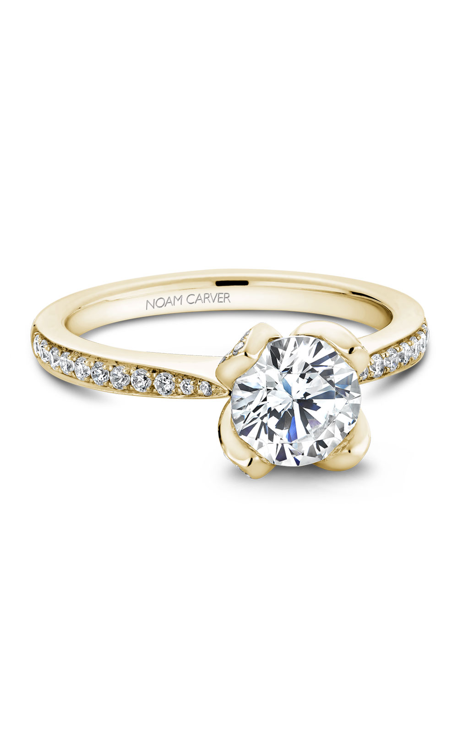 14K Yellow Gold Floral Sidestone Round Engagement Ring