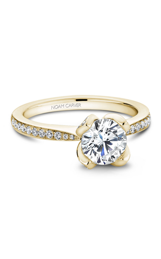 18K Yellow Gold Floral Sidestone Round Engagement Ring