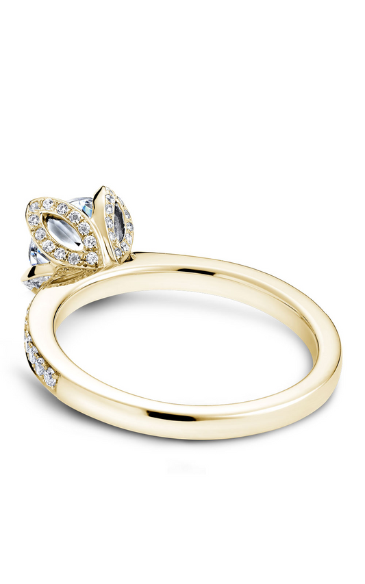 18K Yellow Gold Floral Sidestone Round Engagement Ring