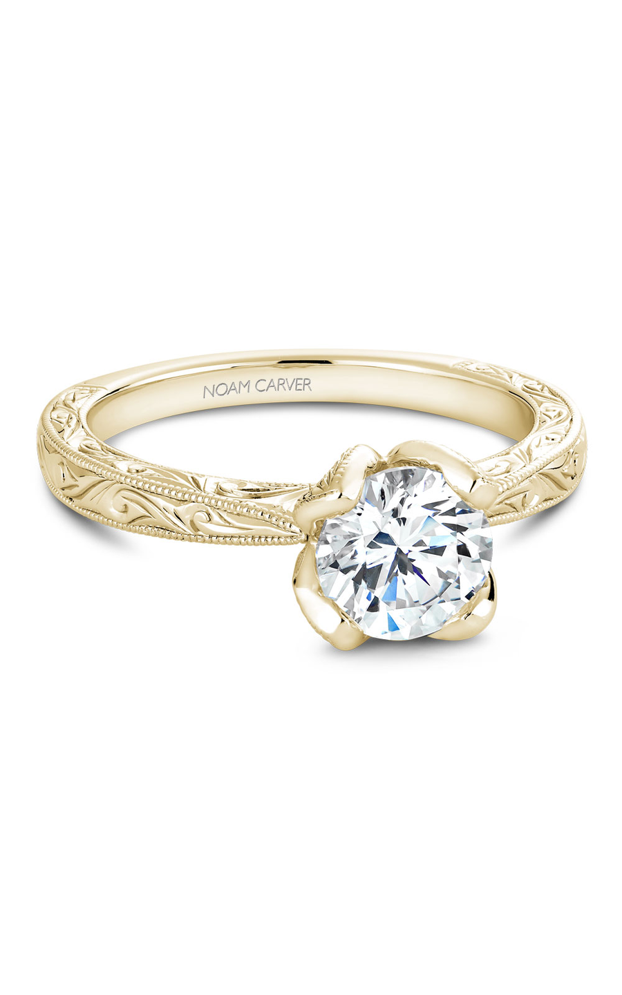 14K Yellow Gold Floral Solitaire Round Engagement Ring
