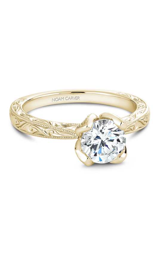 18K Yellow Gold Floral Solitaire Round Engagement Ring