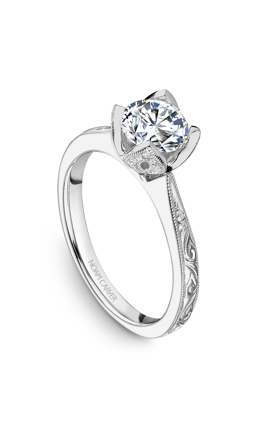 18K White Gold Floral Solitaire Round Engagement Ring