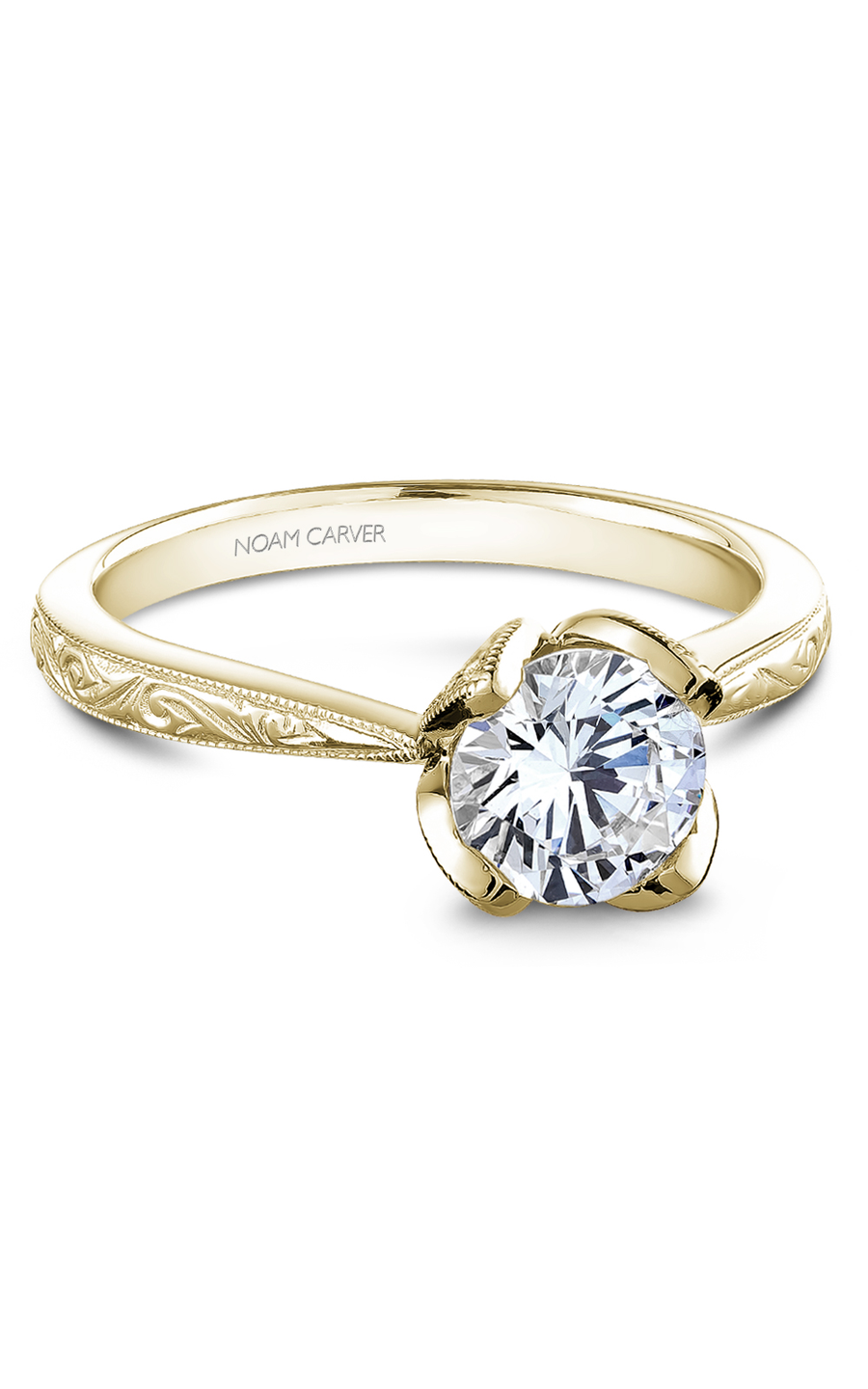 14K Yellow Gold Floral Solitaire Round Engagement Ring