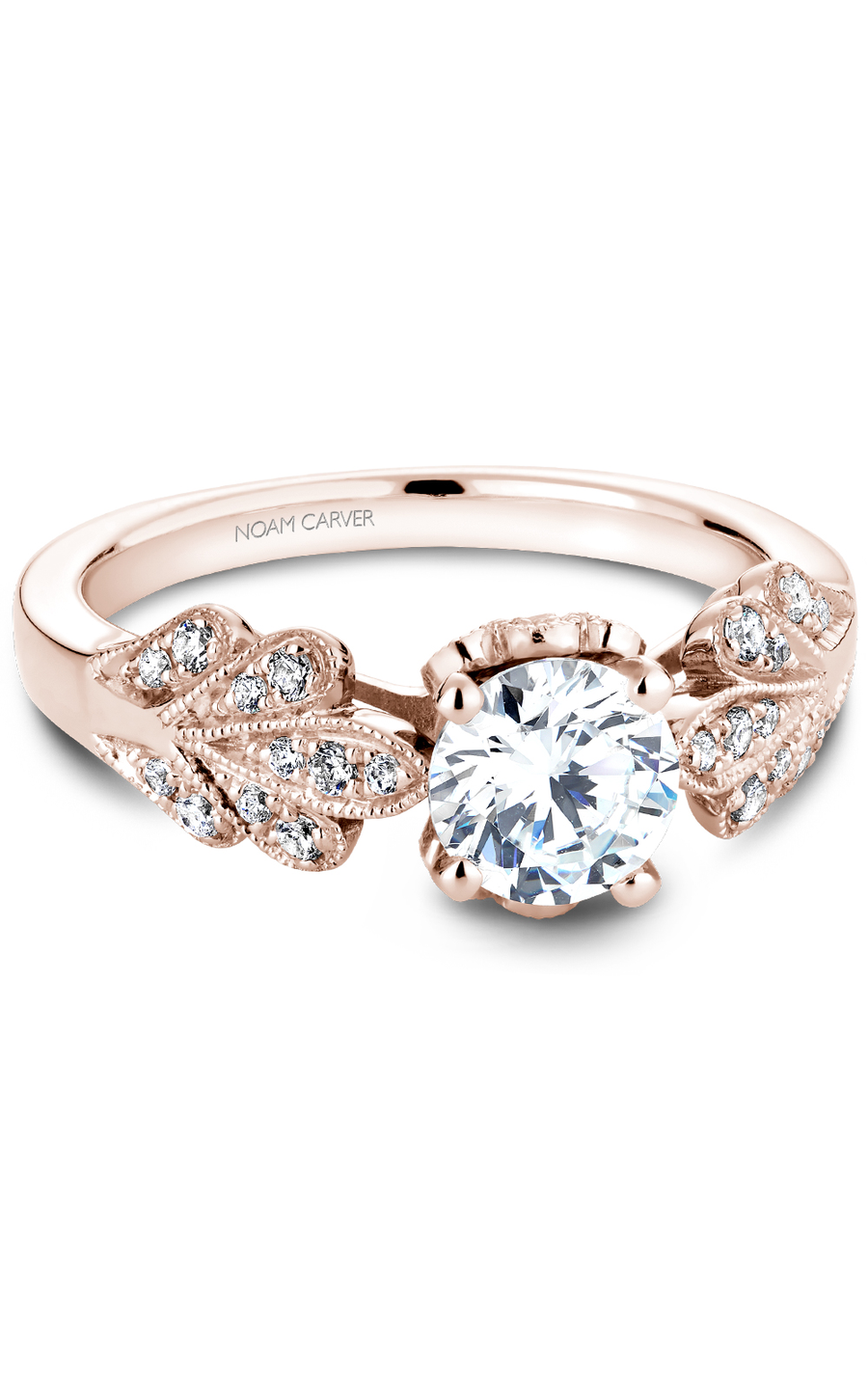 18K Rose Gold Floral Sidestone Round Engagement Ring