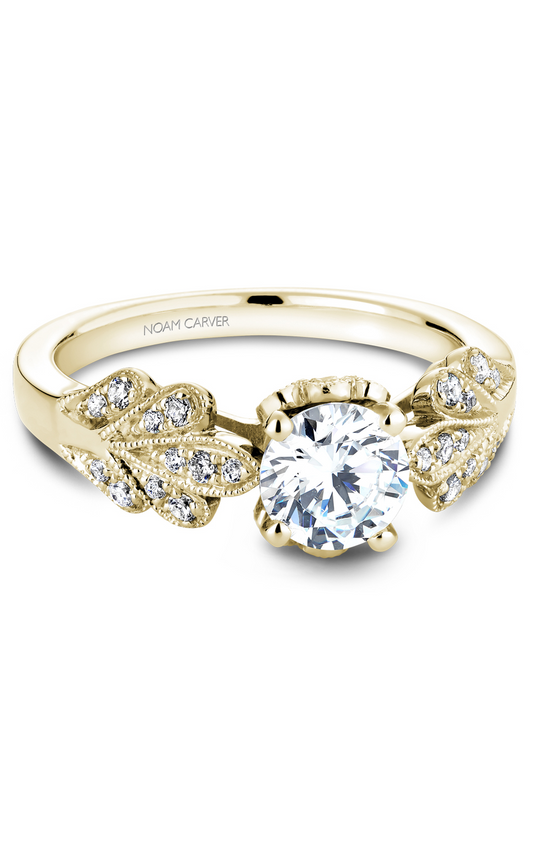 18K Yellow Gold Floral Sidestone Round Engagement Ring