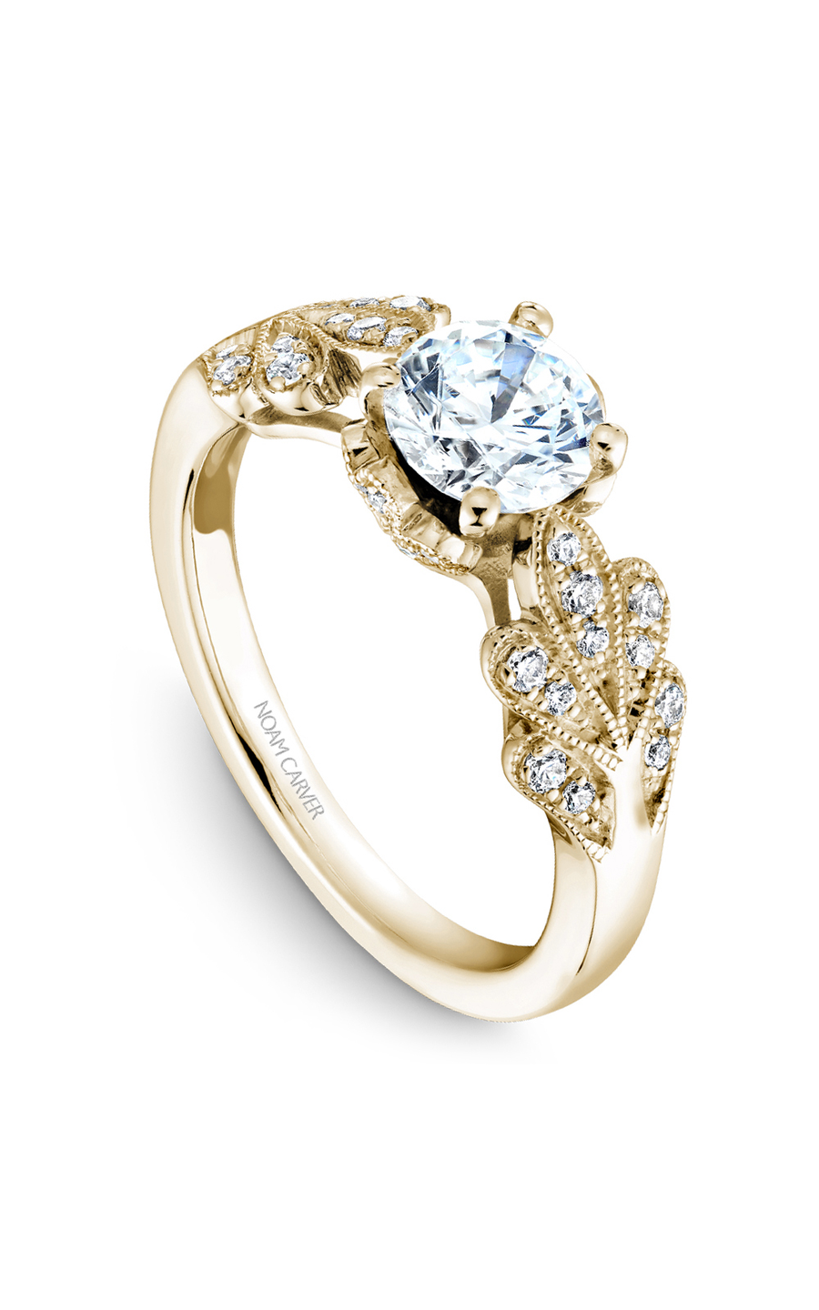 18K Yellow Gold Floral Sidestone Round Engagement Ring