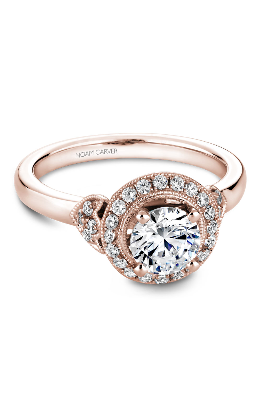 18K Rose Gold Floral Halo Round Engagement Ring