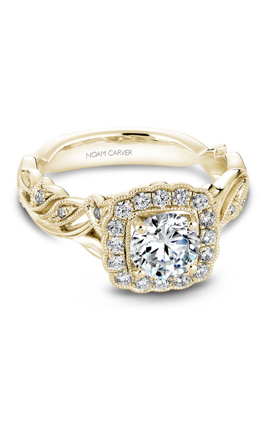 14K Yellow Gold Floral Halo Round Engagement Ring