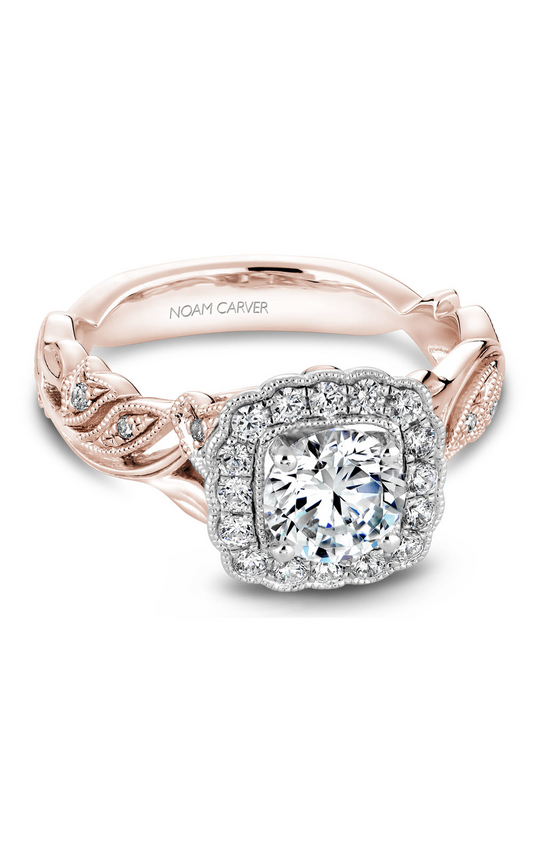 14K Rose Gold and 14K White Gold Floral Halo Round Engagement Ring
