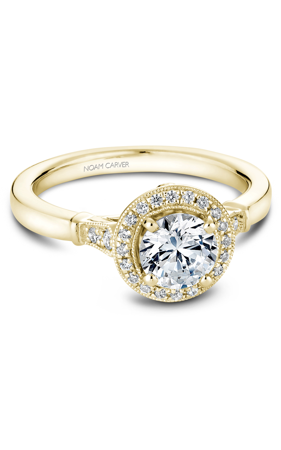 14K Yellow Gold Floral Halo Round Engagement Ring