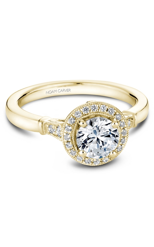 14K Yellow Gold Floral Halo Round Engagement Ring