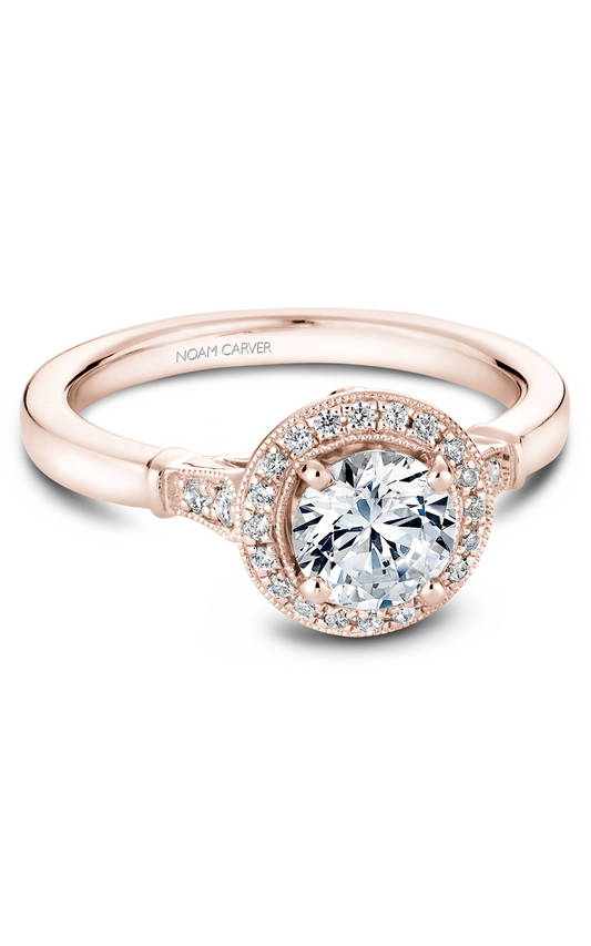 18K Rose Gold Floral Halo Round Engagement Ring