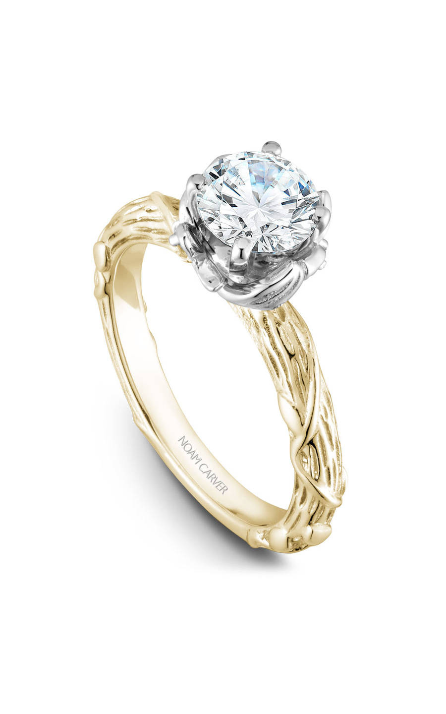 14K White Gold and 14K Yellow Gold Floral Solitaire Round Engagement Ring