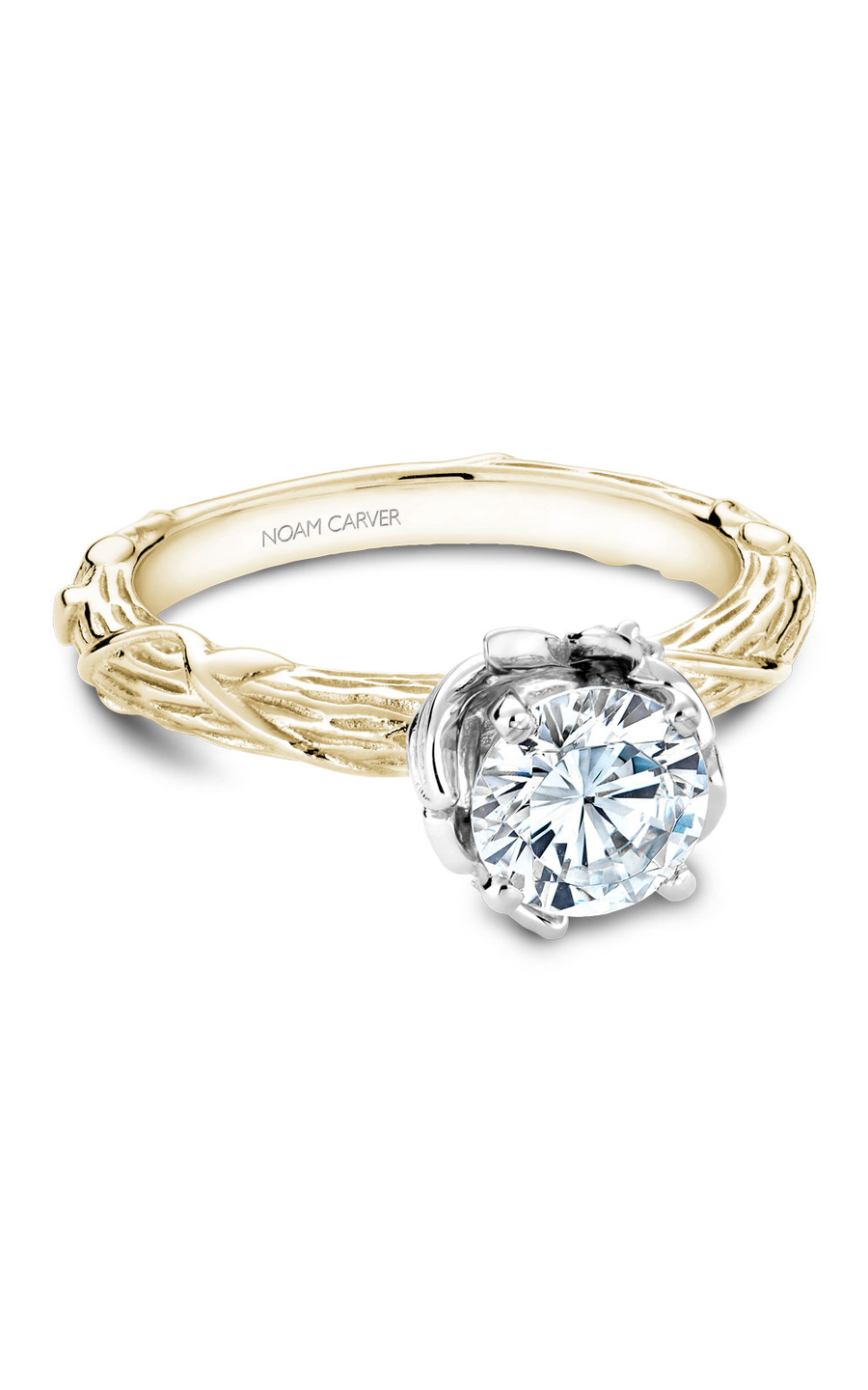 18K White Gold and 18K Yellow Gold Floral Solitaire Round Engagement Ring
