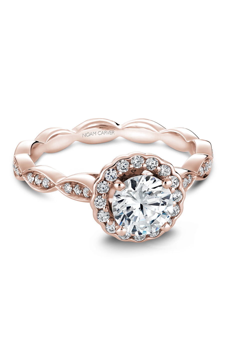 18K Rose Gold and 18K White Gold Floral Halo Round Engagement Ring