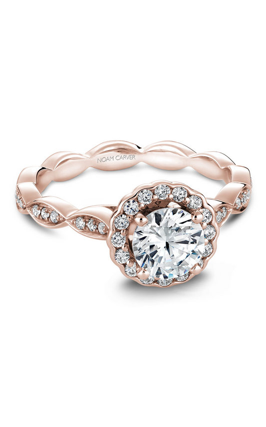18K Rose Gold and 18K White Gold Floral Halo Round Engagement Ring