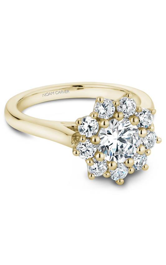 18K Yellow Gold Floral Halo Round Engagement Ring
