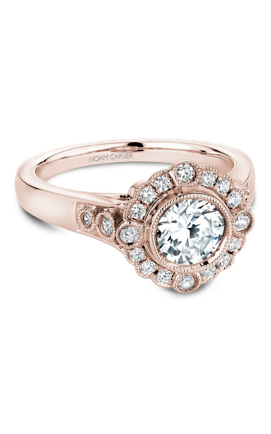 18K Rose Gold Floral Halo Round Engagement Ring