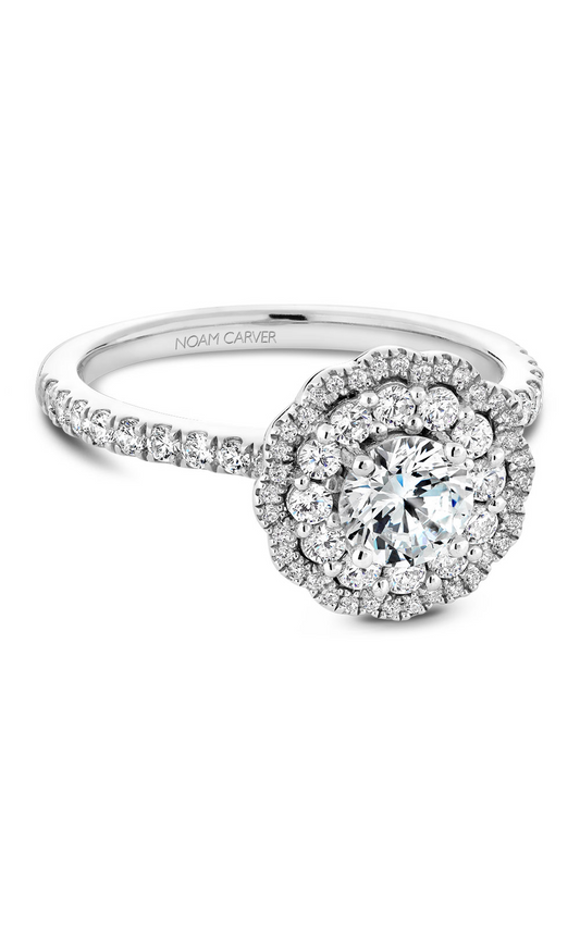 18K White Gold Floral Halo Round Engagement Ring