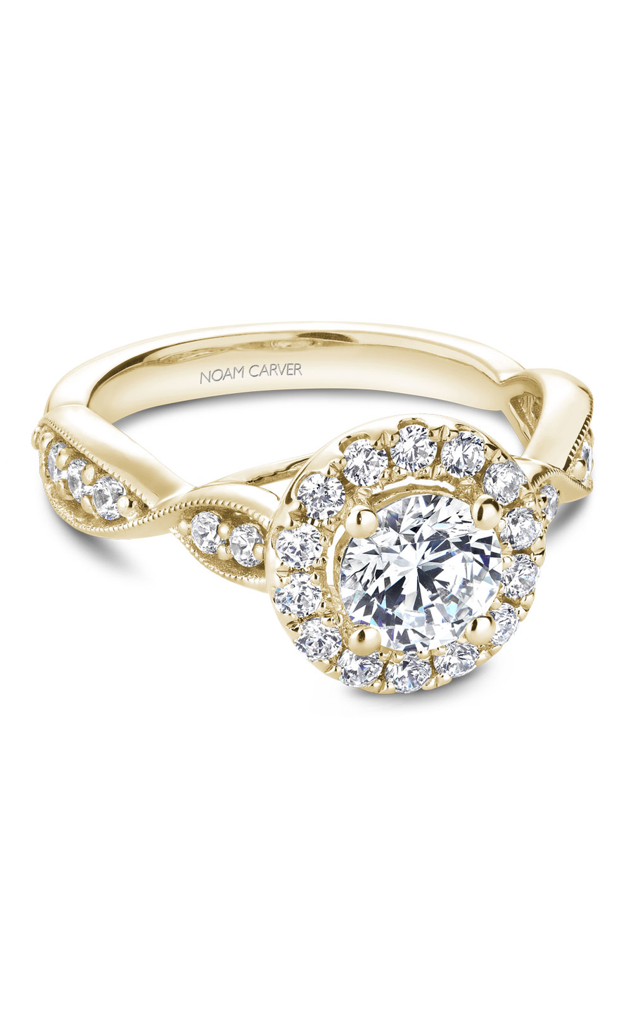 14K Yellow Gold Floral Halo Round Engagement Ring