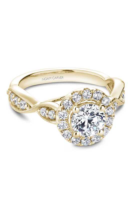 14K Yellow Gold Floral Halo Round Engagement Ring