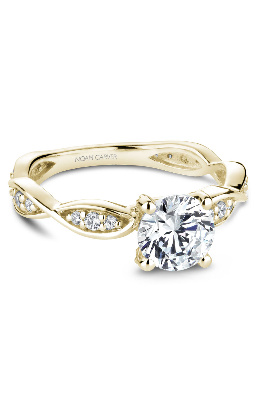 18K Yellow Gold Floral Sidestone Round Engagement Ring