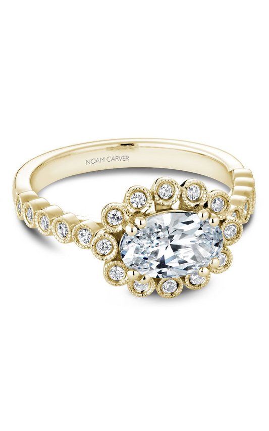18K Yellow Gold Floral Halo Oval Engagement Ring